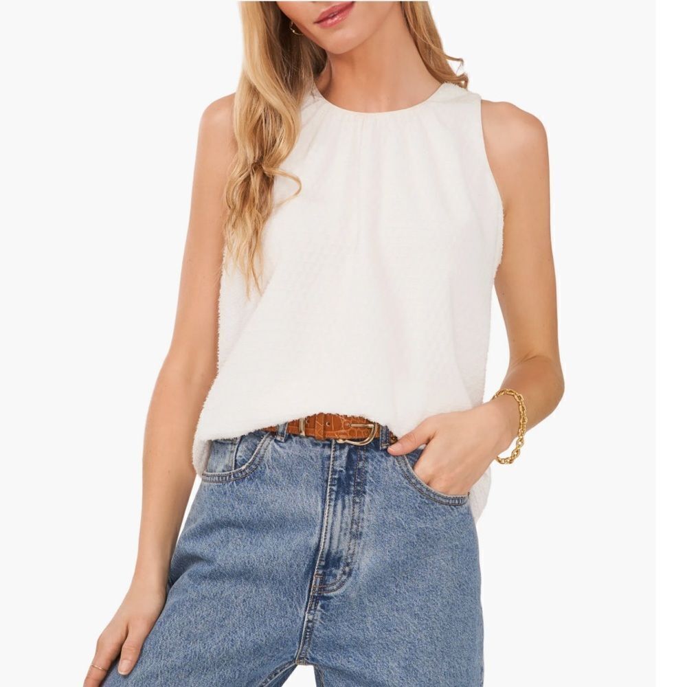 Vince Camuto White‎ Shirred Neck Sleeveless Top W/Jewel Neck & shimmer Size: XXS